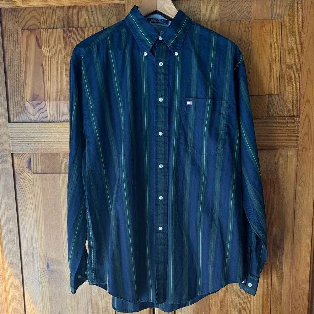 Men's Blue and Green Striped Shirt